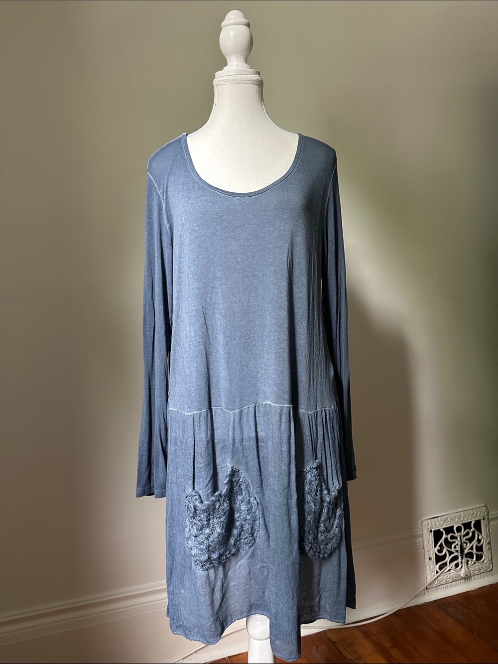 BOLIDE Blue Lagenlook Boho Festival Artsy Italy Long Sleeve Tiered Dress Medium
